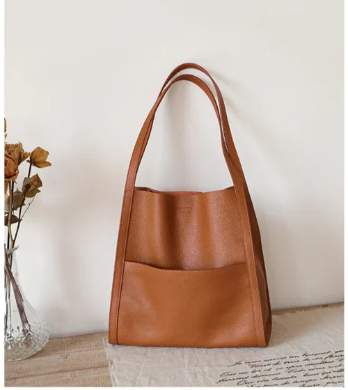 Solid color simple genuine leather shoulder bag Bliss Mart