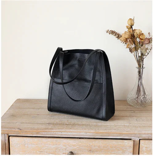 Solid color simple genuine leather shoulder bag